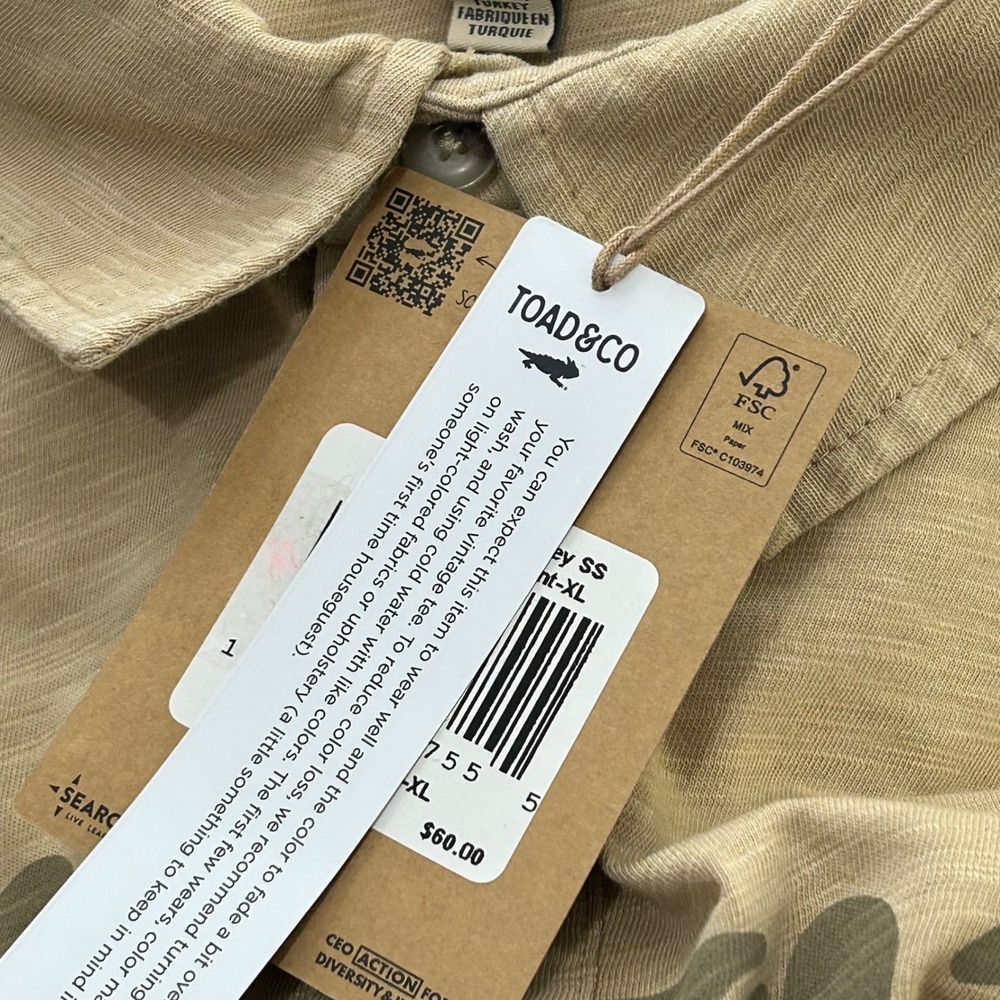 TOAD&CO Mens XL Tan Short Sleeve Polo Floral Organic Cotton Recycled Polyester - Picture 8 of 10
